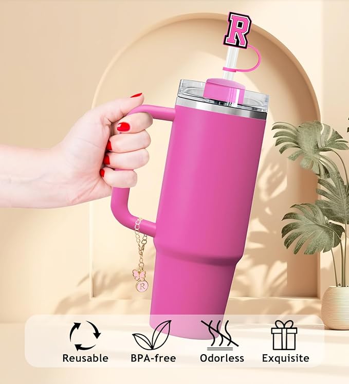 （3 +3) Nuozme Straw Cover Compatible with Stanley Tumbler Cup 3PCS Letter Straw Caps Toppers with 3 Initial Butterfly Charms Name ID For Stanley 30&40 Oz Cup