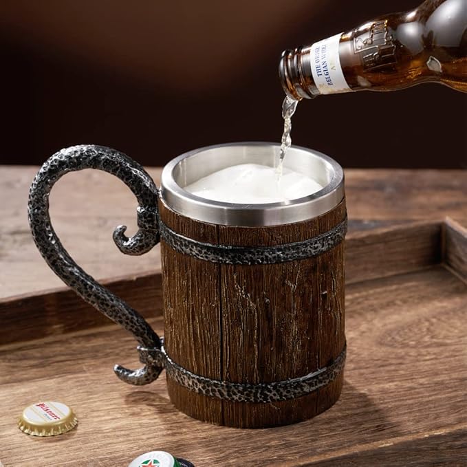 Arola Handmade Wooden Barrel Beer Mug, Stainless Steel Vintage Beer Cup, Medieval Drinkware Mug for Coffee/Beverage/Juice17oz Gift for Men.