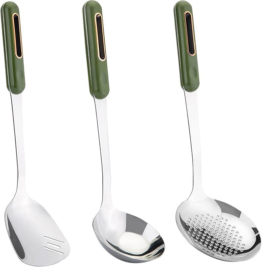 FJNATINH Wok Spatula and Ladle Skimmer Spoon - Stainless Steel Cooking Utensils Set of 3,Kitchen Wok Utensils Set,Green Handle