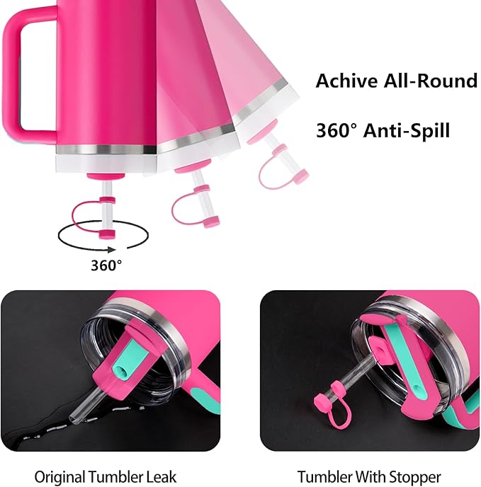 Silicone Spill Stopper Set Compatible with Stanley Cup 2.0 30oz & 40oz with Straw Cover (Set of 2, Passion Pink)