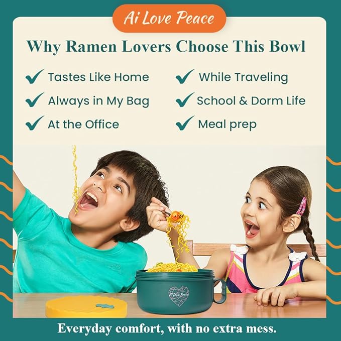 AI LOVE PEACE Ramen Bowl, 40 oz Microwaveable Noodle Cooker for Ramen, Pho, Soup, and Pasta, Dishwasher Safe and Portable, Ideal for Home, Office, Dorm, or Gift (Green)