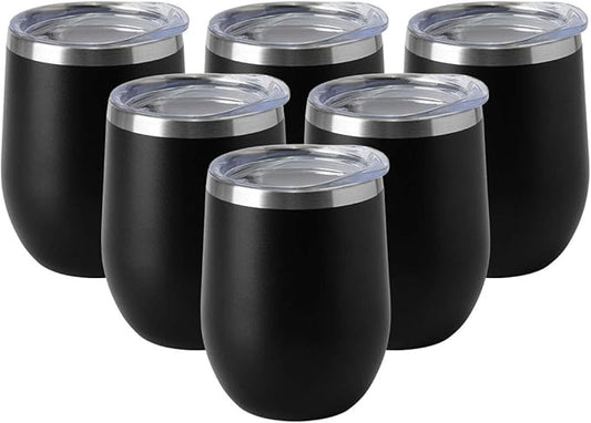 HASLE OUTFITTERS 12oz Wine Tumbler with Lid Stemless Wine Glasses Double Wall Vacuum Travel Mugs stainless steel Coffee Cup for Cold & Hot Drinks Wine Coffee Cocktails Beer 6 Pack Black