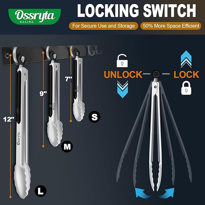 Stainless Steel Cooking Tongs Set of 3 - Heavy Duty 12/9/7 Inch Locking Tongs, Heat Resistant to 600 Degrees, Food Grade Kitchen Metal Tong for Food, Salad, & BBQ - Dishwasher Safe