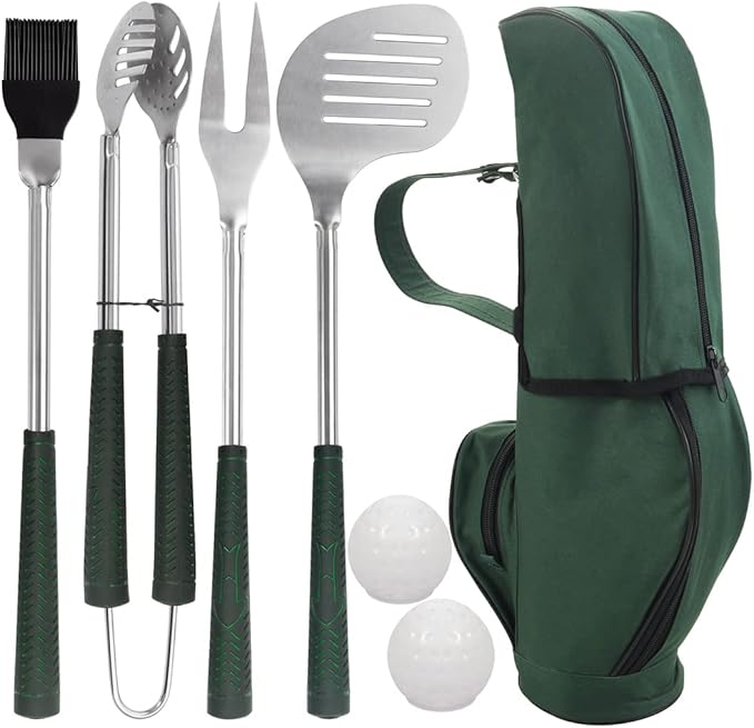POLIGO 7PCS Golf-Club Style BBQ Tools Set Grilling Tools with Rubber Handle - Stainless Steel Grill Accessories for Outdoor Grill Set Premium Grill Utensils Set Christmas Birthday Gifts for Men Dad