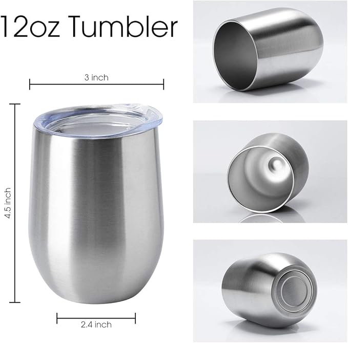 HASLE OUTFITTERS 12oz Wine Tumbler with Lid Stemless Wine Glasses Double Wall Vacuum Travel Mugs stainless steel Coffee Cup for Cold & Hot Drinks Wine Coffee Cocktails Beer 6 Pack Stainless Steel
