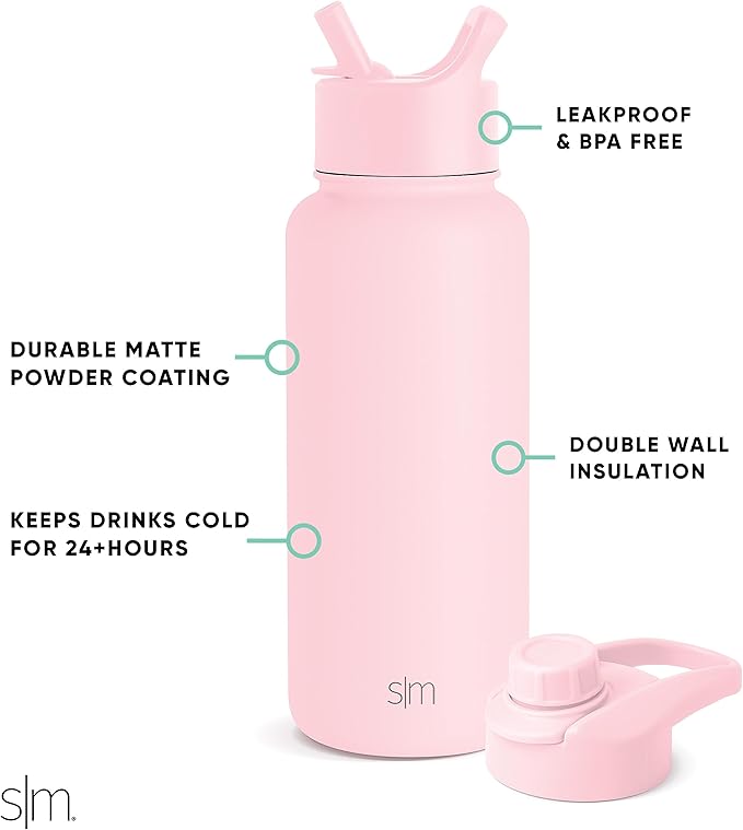 Simple Modern Water Bottle with Straw and Chug Lid Vacuum Insulated Stainless Steel Metal Thermos Bottles | Reusable Leak Proof BPA-Free Flask for Sports, Gym | Summit Collection | 32oz, Blush