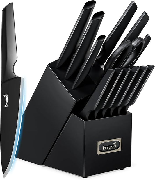 Kuisine Premium Knife Set,One-piece Steel Molding,High Carbon Stainless Steel Ultra Sharp,Non-slip Ergonomic Solid Steel Handle,Built-in Sharpener Knife Block Set,Luxury Gift(15PCS,BlackPro EX)