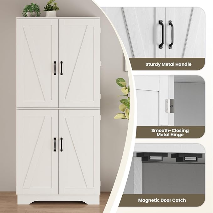 71" Tall Kitchen Pantry, Farmhouse Storage Cabinet with Doors, Shelves, Rustic Wood Cupboard, Built-in Wine Storage Grid & 6 Door Shelves for Kitchen, Dining Room, White