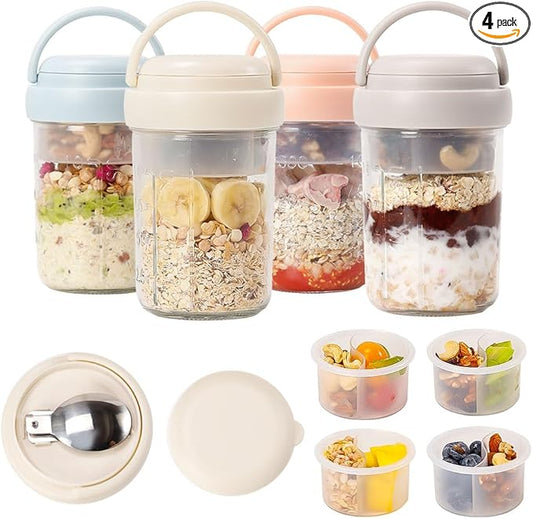 4 Pack Overnight Oats Containers with Lids and Handles, Folding Spoons & Divided Compartments for Fruit & Nuts, 16oz Glass Mason Jars for Oatmeal, Meal Prep & Breakfast (Cream/Blue/Gray/Pink)