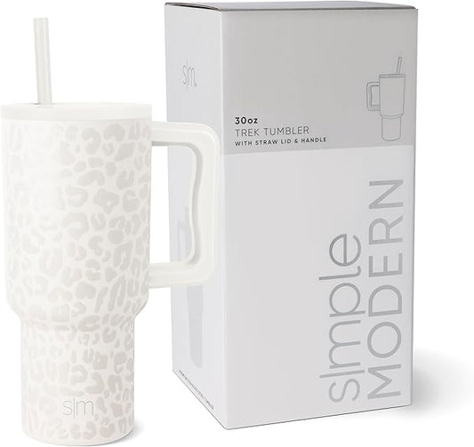 Simple Modern 30 oz Trek Tumbler with Handle and Straw Lid | Cup Holder Friendly Insulated Stainless Steel Travel Mug | Cream Leopard