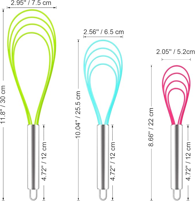 Webake Silicone Flat Whisk Set of 3, Heat Resistant Kitchen Whisks for Non-stick Cookware, Egg Beater Perfect for Blending, Whisking, Beating, Frothing & Stirring