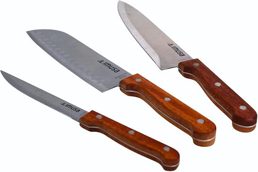 IMUSA 3pc Knife Set with Wood Handle, 8” Chef Knife, 7” Santoku Knife & 5” Utility Knife, Sharp Kitchen Knives for Cooking, Stainless Steel Blade
