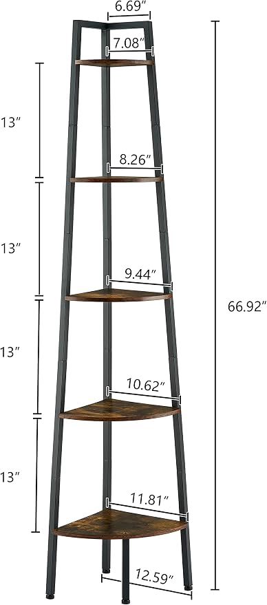Hoctieon Corner Shelf, 5-Tier Corner Bookshelf, Rustic Ladder Shelf, Industrial - Image 2