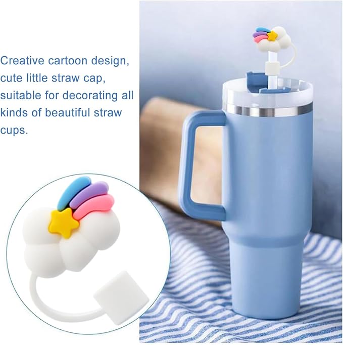 Flower Straw Cover Cap for Stanley Cup Silicone Straw Topper Compatible with 30 and 40 Oz Tumbler with Handle,Straw Tip Covers 10 mm 0.4 in for Straw Tip Covers (6pcs Rainbow Flower Strawberry)
