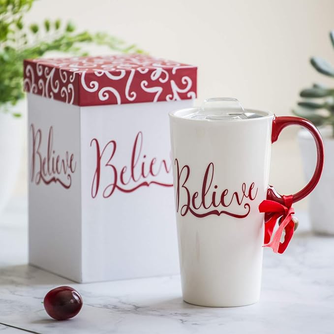 Christmas Ceramic Mug Porcelain Coffee Cup with Tritan Lid and Box,17 oz Bell Decorated (Believe)