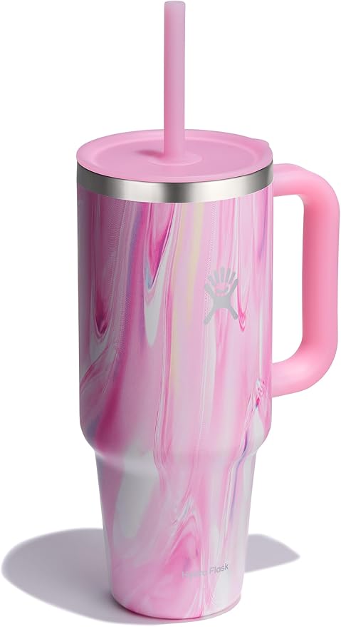 Hydro Flask Travel Tumbler with Handle, Lid and Straw - Insulated Stainless Steel in 40 Oz Jelly Pink