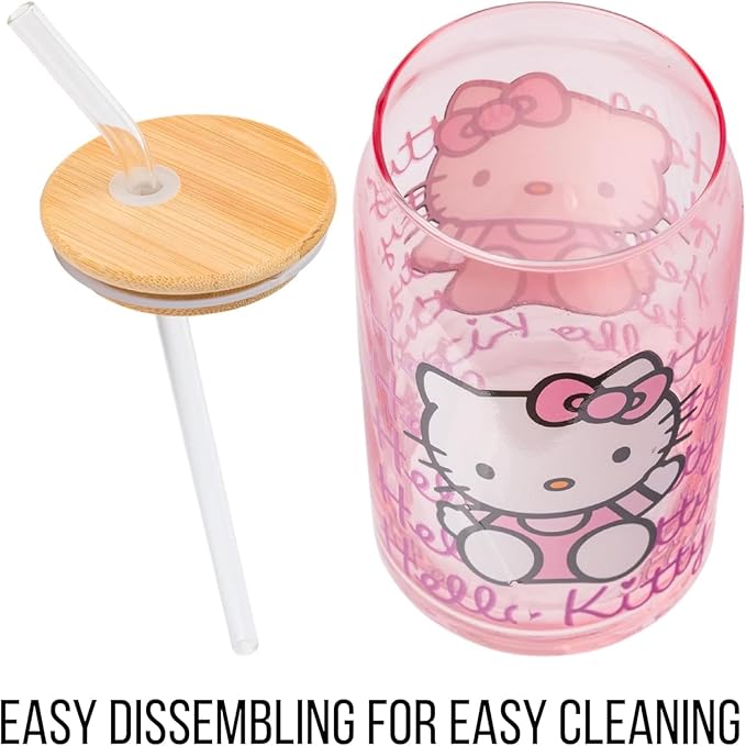 Silver Buffalo Sanrio Hello Kitty Waving Pink Glass Jar Tumbler with Bamboo Lid and Glass Straw, 16 Ounces