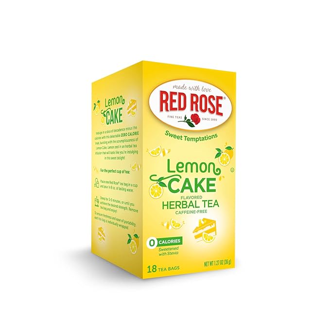 Red Rose Sweet Temptations Dessert Tea Lemon Cake, Zero Carbs, Zero Sugar Bursting with Flavor Caffeine-Free Delicious Beverage Herbal Tea, 18 Count Fruit Naturally Flavored Herbal Tea