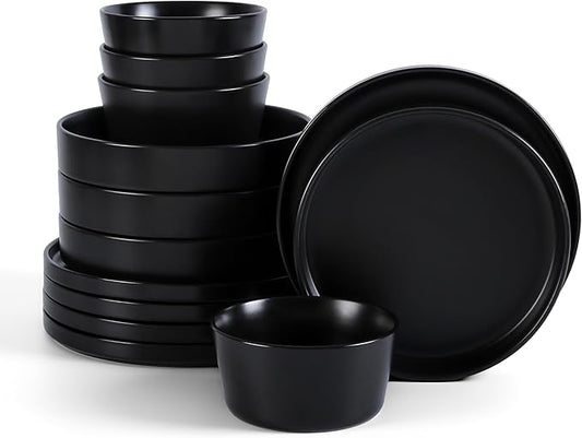 Stone Lain Celina Stoneware 12-Piece Dinnerware Set, Cereal and Pasta Bowls, Black, Coupe