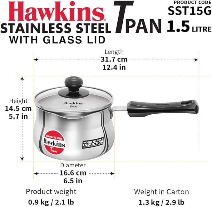 Hawkins Stainless Steel Tpan 1.5L with Glass lid