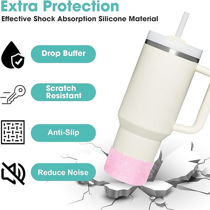 Upgrade 2PCS Protective Silicone Boot Bumper for Stanley Quencher Adventure 40oz 30oz IceFlow 20oz 30oz Tumbler, Water Bottle Bottom Sleeve Cover Accessories for Stanley Mug Cup(Glitter Pink)