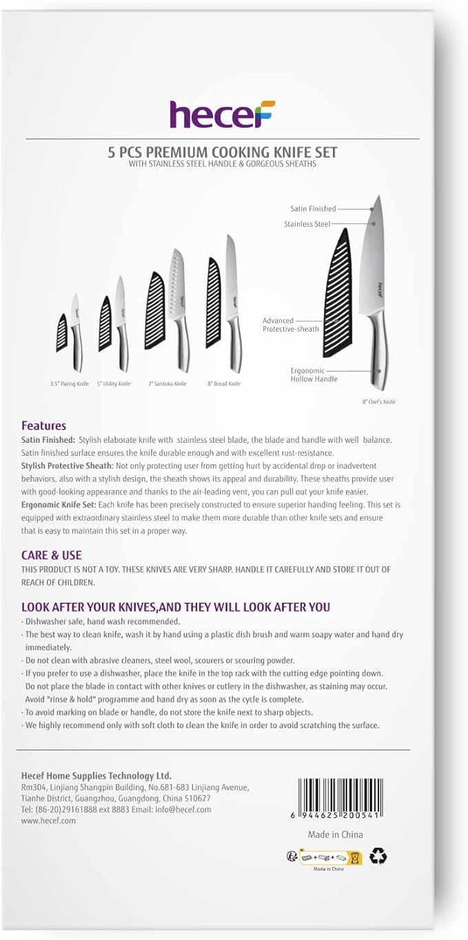 hecef Silver Kitchen knife set of 5, Satin Finish Blade with Hollow Handle, includes 8" Chef, 8" Bread, 8" Santoku, 5" Utility and 3.5" paring knife