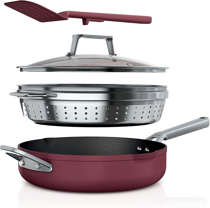 Ninja, Cookware, Steamer, Strainer Basket, Glass Lid and Spatula, Foodi NeverStick PossiblePan, Premium Set with 4-Quart Capacity Pan, Nonstick, Durable, Oven Safe Cookware, Cherry Tart, CW102RD