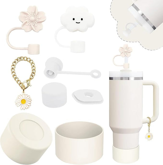 Stanley Cup Accessories Set,Including 2 Pcs 0.4in Straw Cover, 1 Silicone Spill-Proof Stopper Set of 3, 1 Cute Flower Handle Charm, 1 Silicone Boot Fits Stanley 40&30 Oz Tumbler (Cream)
