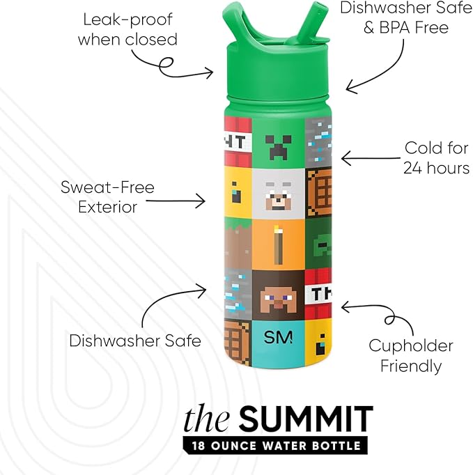 Simple Modern Summit Water Bottle with Straw Lid | Minecraft 18oz Stainless Steel Cup Insulated Tumbler for Girls, Boys, School | Minecraft Mashup