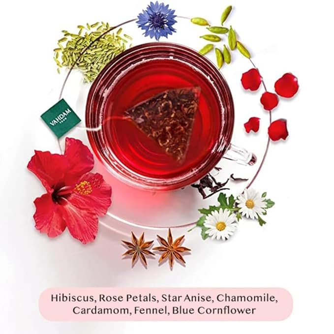 VAHDAM, Hibiscus Flowers Herbal Tea Bags (15 Count) Caffeine Free, Non GMO, Gluten Free Hibiscus Tea | Floral Flavor Tisane - Hibiscus Rose Petals & Exotic Spices | Resealable Ziplock Pouch