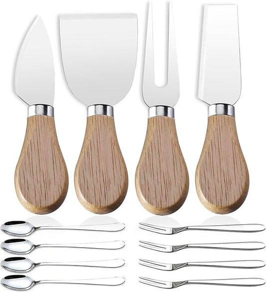 Mini Cheese Knife Set with wood Handle - Stainless Steel Charcuterie Knife Set with 4 Fruit Forks & 4 Small Spoons - Compact Cheese Cutter Set for Charcuterie Boards