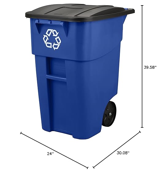 Rubbermaid Commercial Products BRUTE Rollout Heavy-Duty Wheeled Recycling Can/Bin, 50-Gallon, Blue Recycling, for Restaurants/Hospitals/Offices/Warehouses/Garage, Pack of 2
