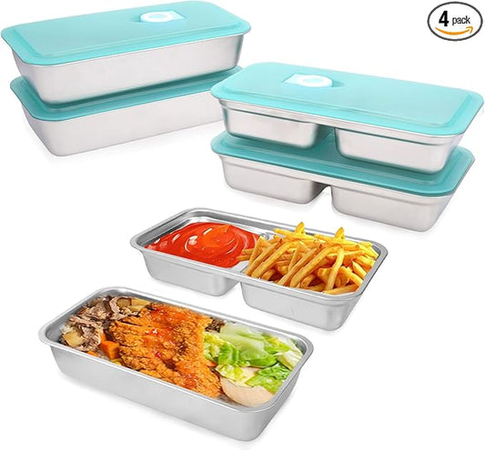 4 PCS Stainless Steel Snack Containers with Lids, Reusable Double Compartment Grab and Go Bento Lunch Box for Adult (4 Snack Containers)