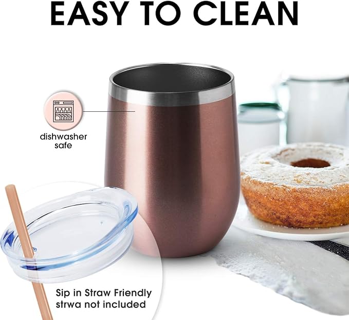 HASLE OUTFITTERS 12oz Wine Tumbler with Lid Stemless Wine Glasses Double Wall Vacuum Travel Mugs stainless steel Coffee Cup for Cold & Hot Drinks Wine Coffee Cocktails Beer 12 Pack Rose Gold