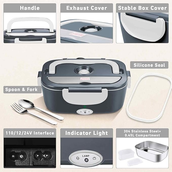 Electric Lunch Box For Adults, 80W Heated Lunch Box for Men 1.5L Stainless Steel, Portable Food Warmer for Car Truck Work, 12/24/110V, Loncheras Para Hombres De Trabajo, Heatable Lunchbox,White Grey