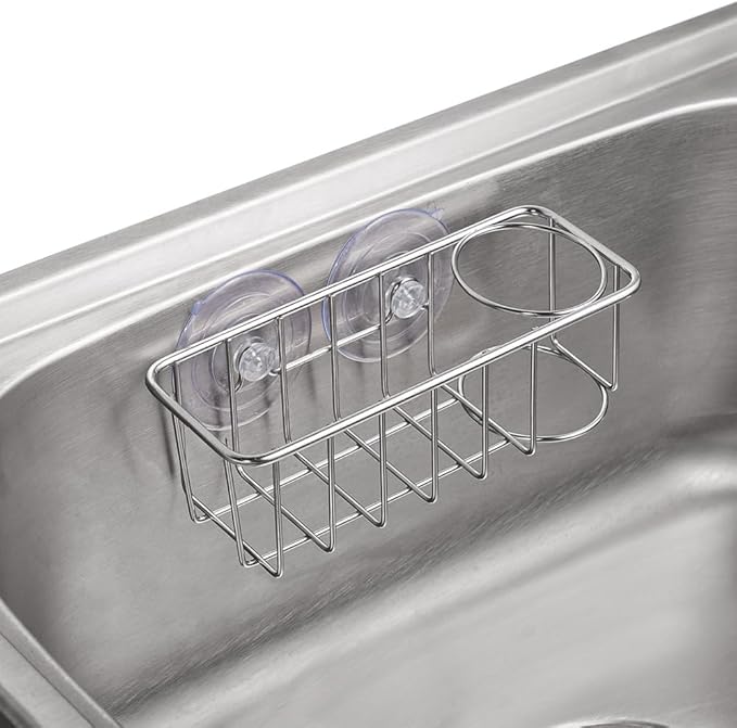 Sink Caddy Sponge Holder for Kitchen Sink 2 Suspension Options(Suction Cups and Adhesive Hook), SUS304 Stainless Steel, Silver