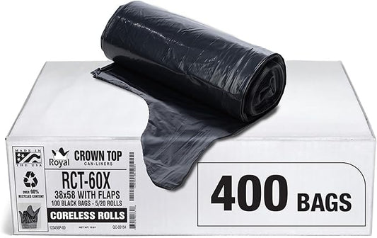 Aluf Plastics RCT-60X Star Sealed Coreless Rolls with E-Z Tie Flap Closure, 60 gal, Polyethylene, 38" x 58", Black (Pack of 400)