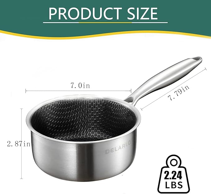 DELARLO Tri-Ply Hybrid Stainless Steel Saucepan, Hybird 1.5QT Non Stick Pots, All Stove Safe Up to 600℉, Sauce Pot 1.5 Quart Non Stick Sauce Pan, Saucier Pan, Honeycomb Pan,Small Saucepan, Lids 300℉