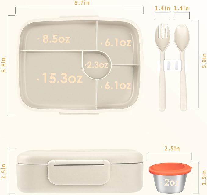 Bento Lunch Box, 5 Compartments Lunch Container for Kids/Adults with Snack cup, Wheat Fiber Eco-Friendly Double Insulated Boxes, Dishwasher and Microwave Safe, BPA-Free (White)