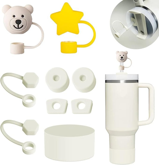 Stanley Cup Accessories Set Including 6 Pcs Silicone Spill Proof Stopper, 2 Pcs Straw Cover Cap for 9-10 mm Straws, 1 Pcs Silicone Boot for Stanley Cup Stanley 40oz & 30oz Tumbler (CREAM)