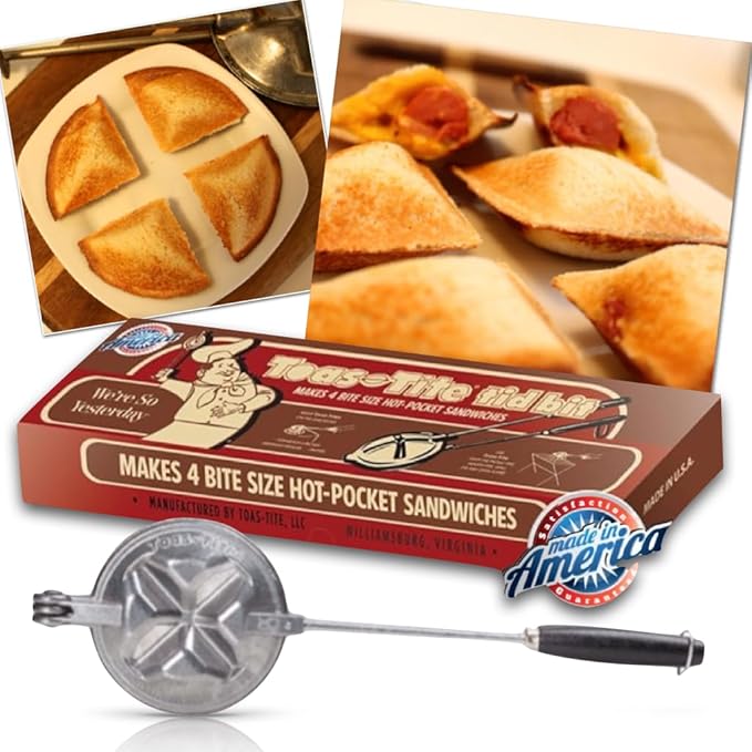 Handheld Sandwich Maker (Tid Bit), Portable Sandwich Grill & Panini Press, Cast Aluminum Pie Iron, 1945 Retro Stovetop & Campfire Toaster for Hot Sandwiches, Pies, Paninis, RV & Camping