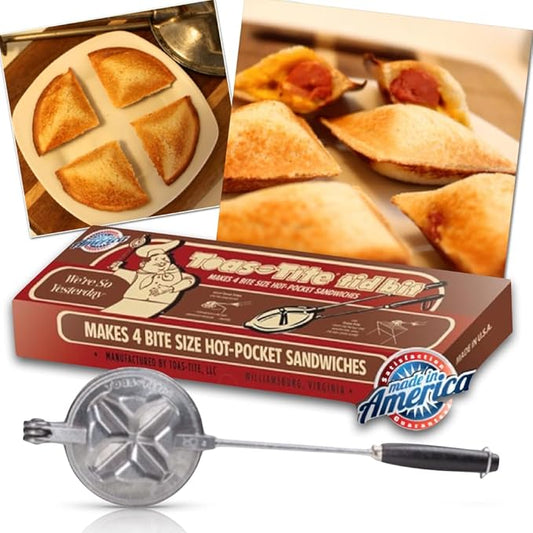 Handheld Sandwich Maker (Tid Bit), Portable Sandwich Grill & Panini Press, Cast Aluminum Pie Iron, 1945 Retro Stovetop & Campfire Toaster for Hot Sandwiches, Pies, Paninis, RV & Camping