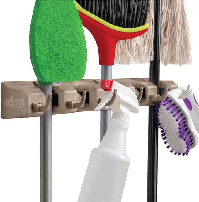GORILLA GRIP Wall Mount Hook Fixture, Also Includes Slots to Hold Mop, Broom, Tools, Easy Install, Organize Cleaners, Tools, Home, Kitchen, Garage, 6 Hooks 5 Slots, Beige