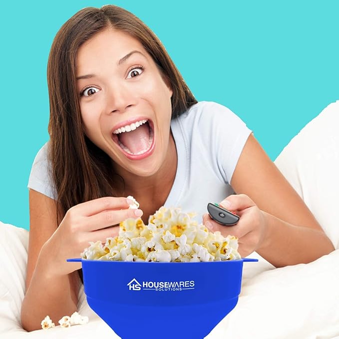 Collapsible Silicone Microwave Hot Air Popcorn Popper Bowl With Lid and Handles - Blue