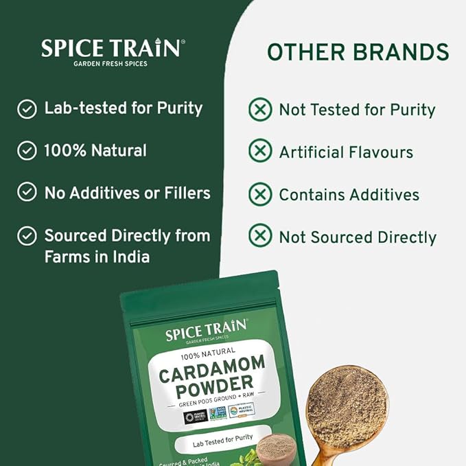 Cardamom Powder (100g/3.53oz) Gluten Free, Raw Ground Elaichi for Cooking, Smoothies, Lattes, Masala Tea, Packed in Resealable Zip Lock Pouch