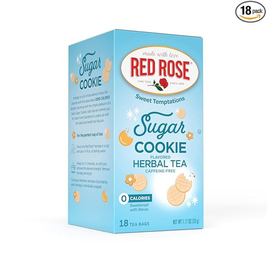 Red Rose Sweet Temptations Dessert Tea Sugar Cookie, Zero Carbs, Zero Sugar Bursting with Flavor Caffeine-Free Delicious Beverage Herbal Tea, 18 Count of Fruit Naturally Flavored Herbal Tea