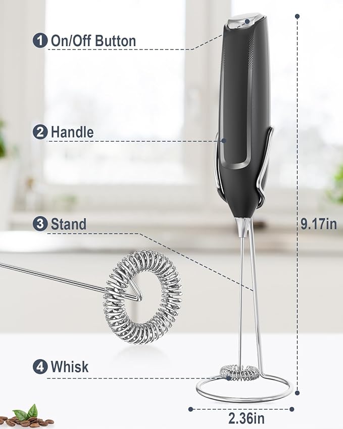Milk Frother Handheld with Stand, Battery-Operated Electric Foam Maker Frother Wand, Whisk Drink Mixer & Foamer for Coffee, Latte, Matcha, Hot Chocolate