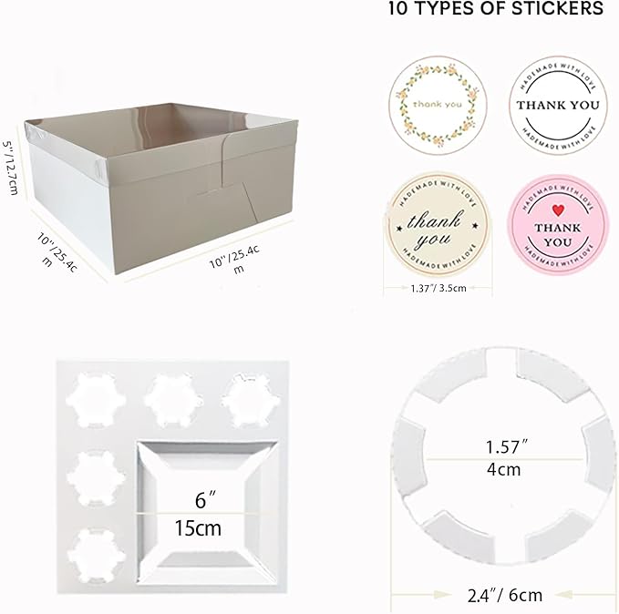 Bento Cake and Cupcake Box 10 sets 6-inch Cake and 5 Cupcakes Box Cake Box with Cupcake Insert Easy to Assemble Base for Family Birthday Party Mother's day (10 sets with cupcake), white