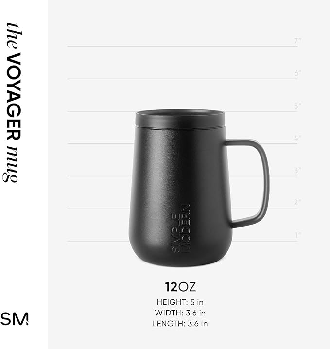 Simple Modern Voyager Signature Mug | Travel Coffee Tumbler with 360° Lid and Handle | Ceramic-Lined Insulated Stainless Steel Iced Cold Brew Cup | 12oz, Midnight Black
