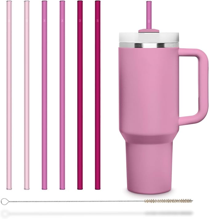 HALM Stanley Quencher Tumbler Glass Straws Pink Reusable Replacement Straws for Tumbler with Handle Stainless Steel Drinking Cup Accessory BPA-Free & Dishwasher Safe